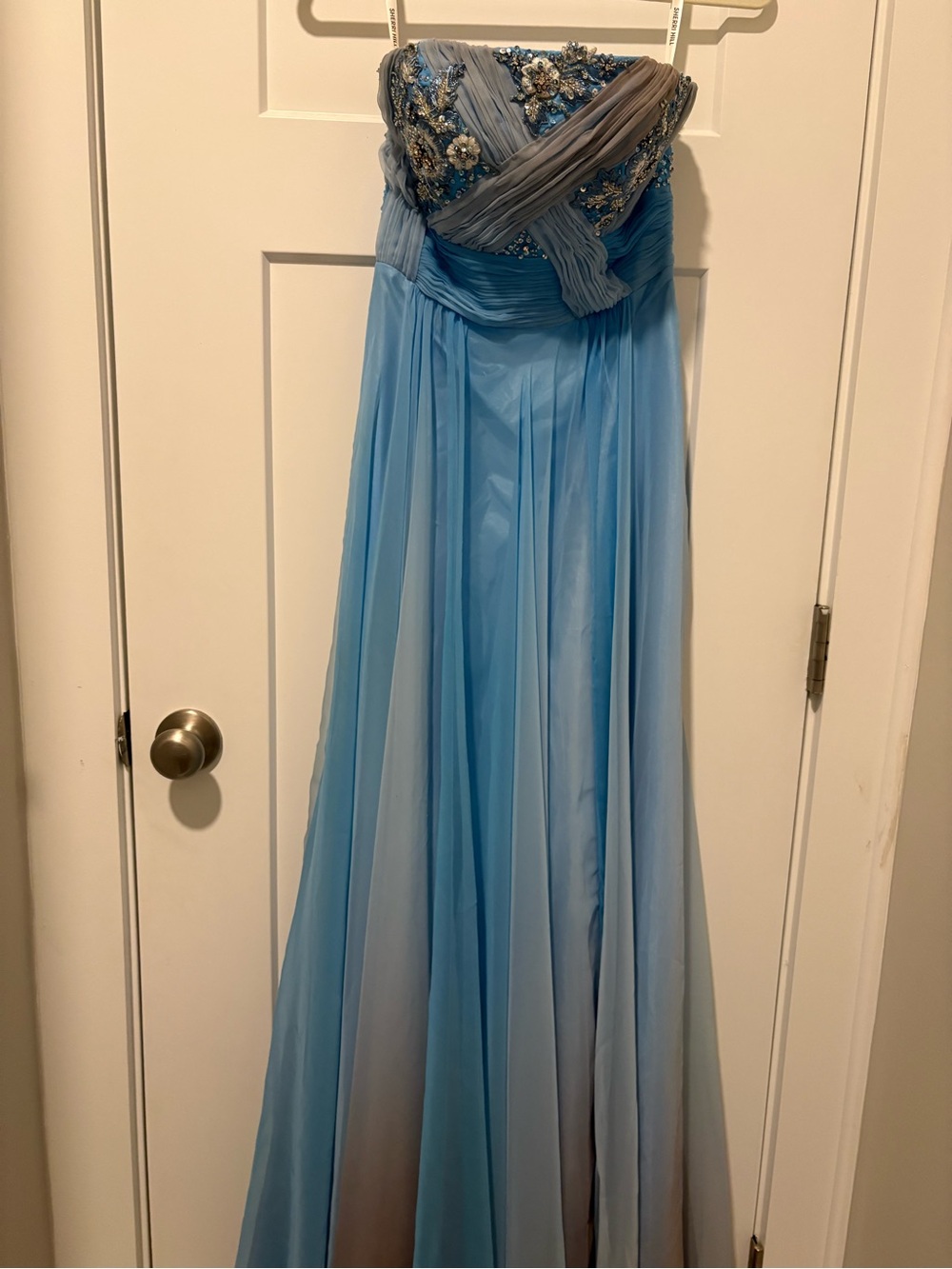 Sherri Hill Light Blue Satin Prom Dress - Picture 2 of 5